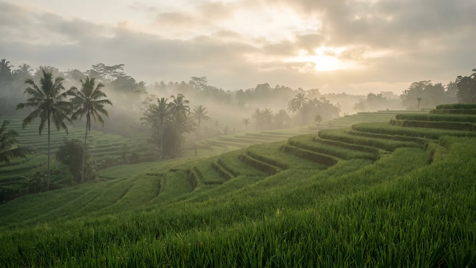Serene Bali rice terraces at sunrise with mist