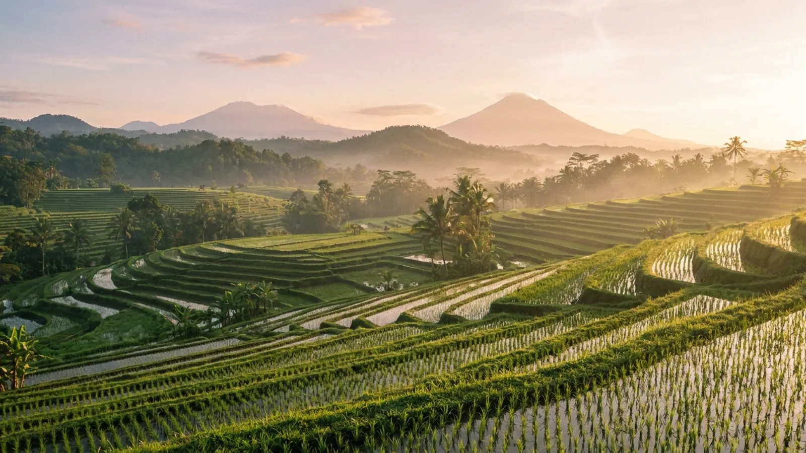 Serene Balinese landscape with lush rice paddies and distant mountains at dawn