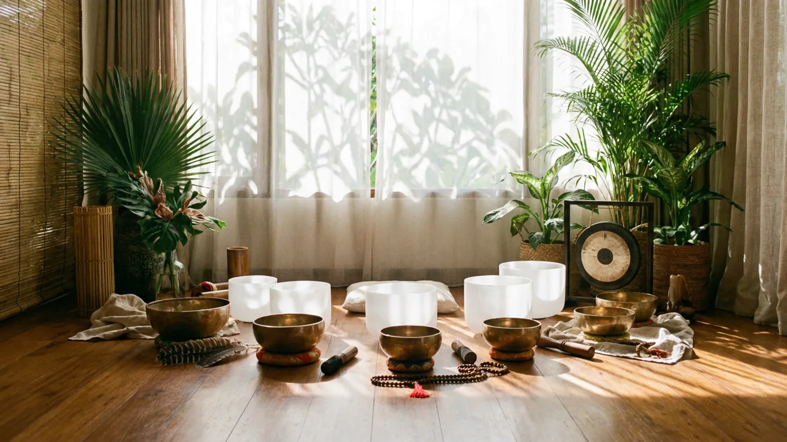Tibetan singing bowls on a wooden floor with soft light