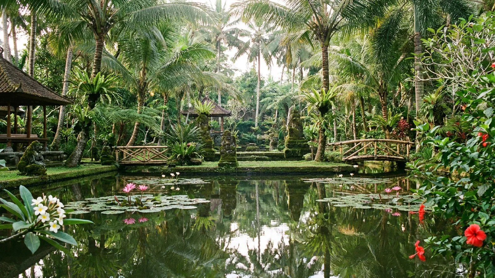 Serene tropical garden with lush greenery and a calm, reflective pool, bathed in soft morning light