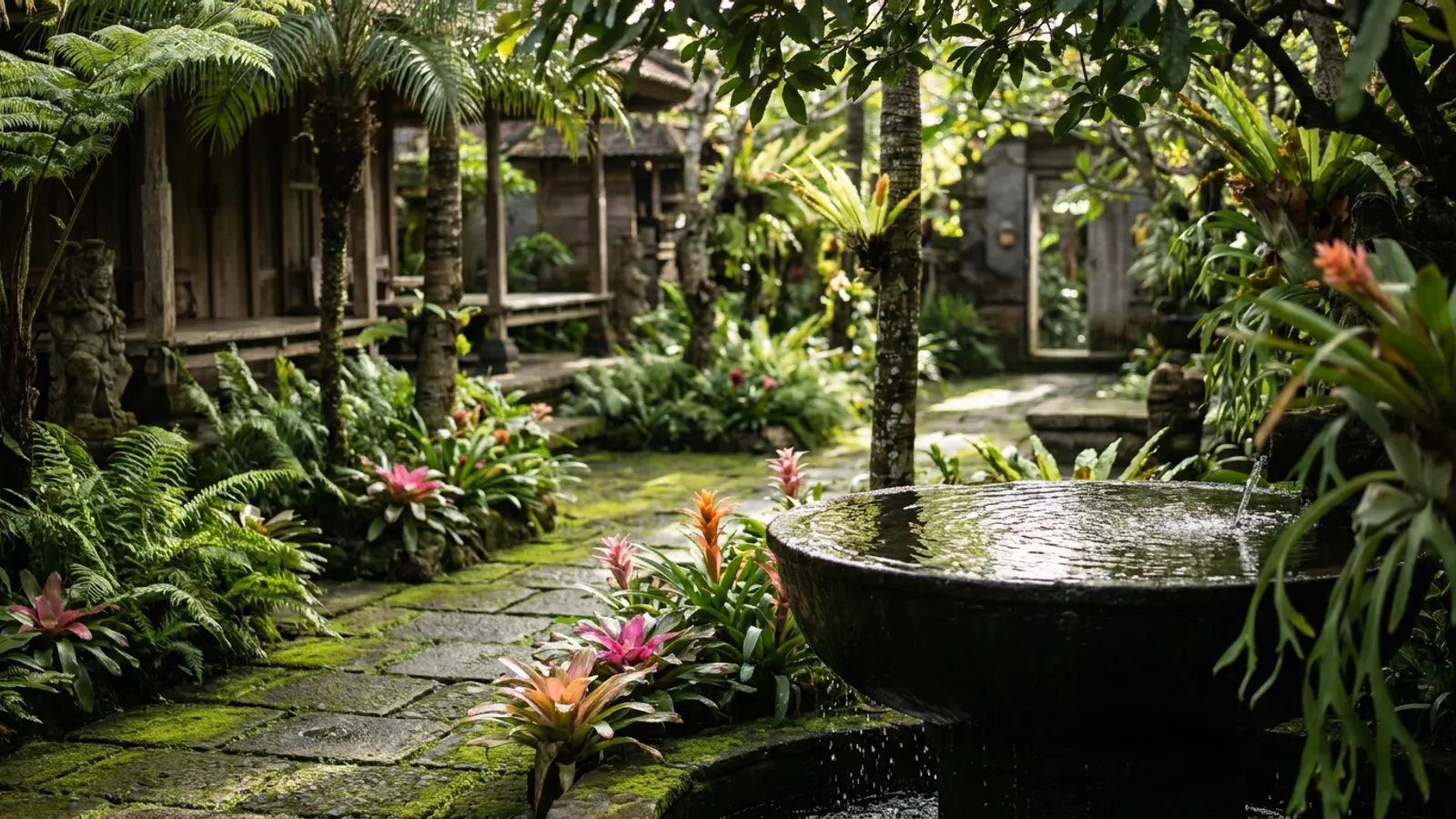 Serene tropical garden with lush greenery and a calm reflection pool, typical of a Bali wellness retreat setting.